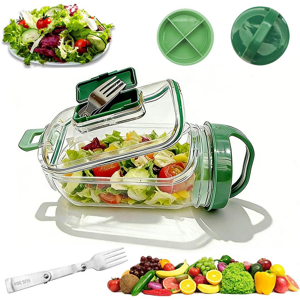 Salad Container Jar - กระปุกใส่สลัดแบบพกพาพร้อมส้อมและช่องใส่ซอส ป้องกันการรั่วซึม ใช้สำหรับเตรียมอาหาร สำนักงาน การเดินทาง และกิจกรรมกลางแจ้ง