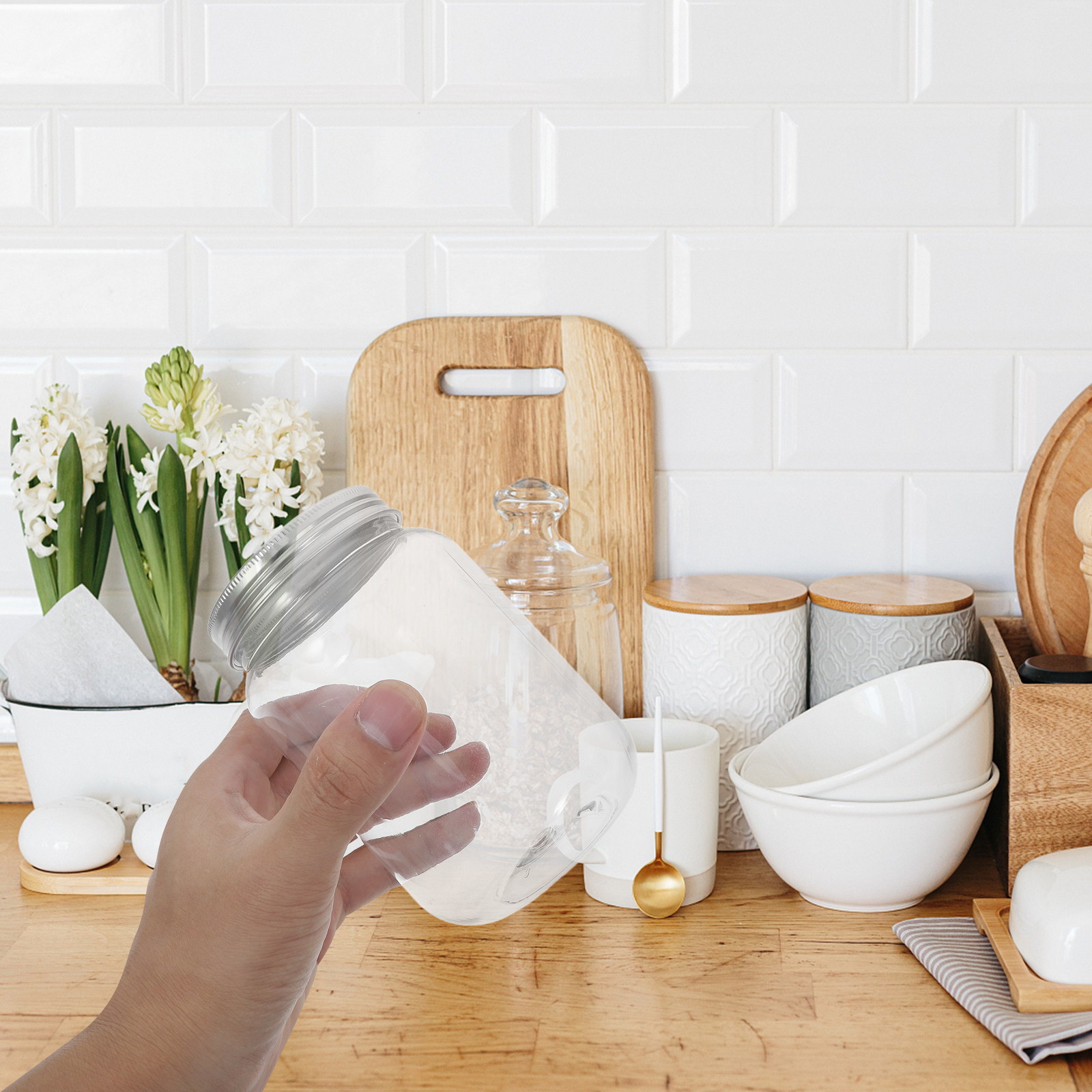 Overnight Oat Jar - ขวดพลาสติกใส 4 ชิ้น พร้อมฝาปิดสุญญากาศ สำหรับเก็บอาหารแห้ง ขนม