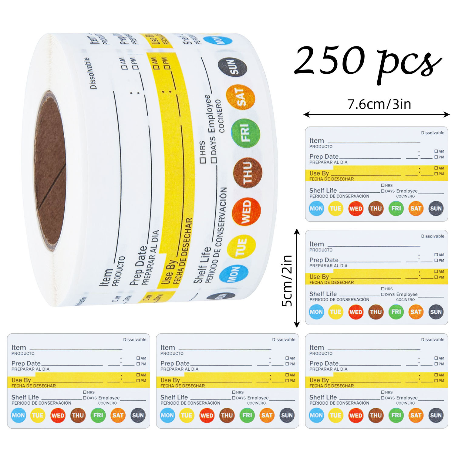 Meal Prep Dinners - 250 ชิ้น/ม้วน ป้ายวันที่อาหาร กันน้ำ สติ๊กเกอร์สำหรับเตรียมอาหาร สำหรับภาชนะในครัว
