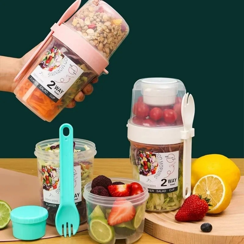 Salad Container Jar - ถ้วยสลัดพกพา ถ้วยอาหารเช้า ถ้วยแบ่งชั้นใส่อาหาร โยเกิร์ต ซีเรียล ข้าวโอ๊ต