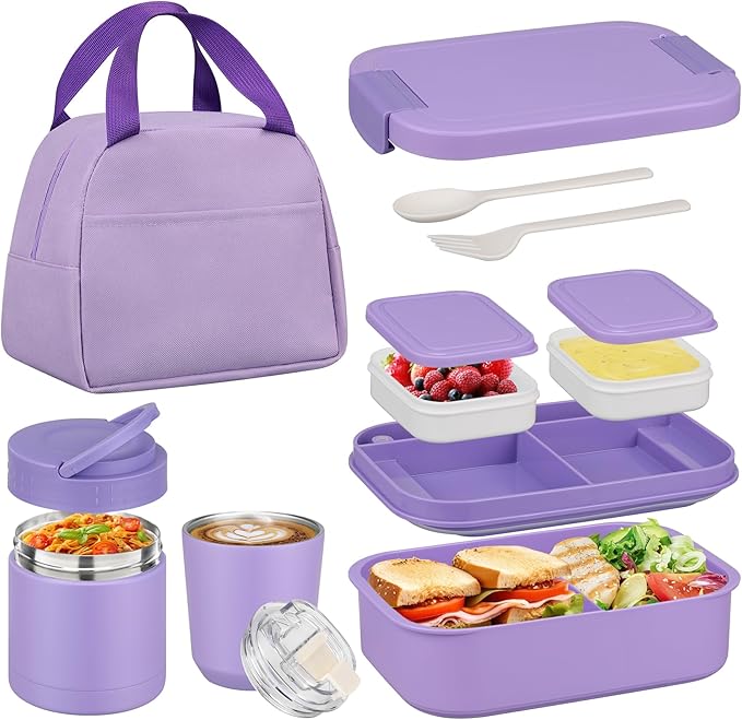 Meal Prep Meal Ideas - ชุดกล่องอาหารกลางวันสแตนเลสแบบพกพา 4 ช่อง ป้องกันการรั่วซึม พร้อมกระติกเก็บความร้อนสำหรับซุป แก้วกาแฟสำหรับเดินทาง