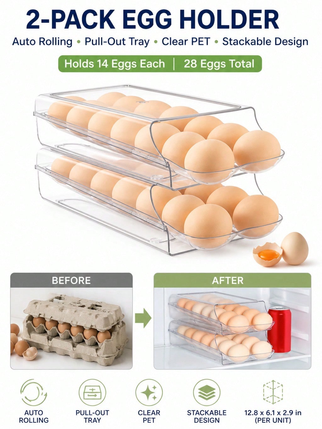Meal Prep Eggs - ชุด 2 ชิ้น ที่ใส่ไข่แบบใสพร้อมระบบเลื่อนอัตโนมัติ, ที่จัดระเบียบลิ้นชักตู้เย็นแบบซ้อนกันได้, จุไข่ได้ทั้งหมด