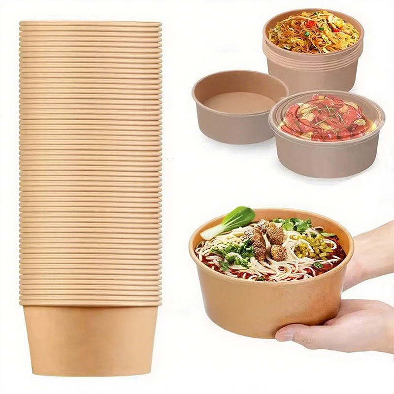 Meal Prep Plan - ชามกระดาษคราฟท์ทรงกลมแบบใช้แล้วทิ้ง กล่องเบนโตะสำหรับอาหารกลางวันพร้อมฝาปิด ภาชนะเตรียมอาหาร ชามสลัด ชามใส่เส้นก๋วยเตี๋ยว ชามใส่เฟรนช์ฟรายส์สำหรับงานปาร์ตี้