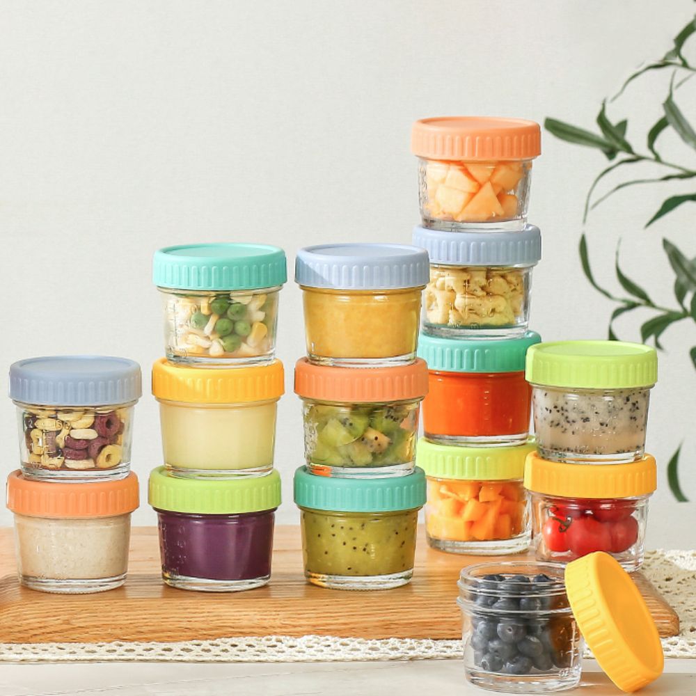 Salad Container Jar - ขวดแก้วใส่อาหารเด็กแบบใช้ซ้ำได้ 6 ชิ้น พร้อมฝาปิด ถ้วยน้ำจิ้มกันรั่ว มีสเกล