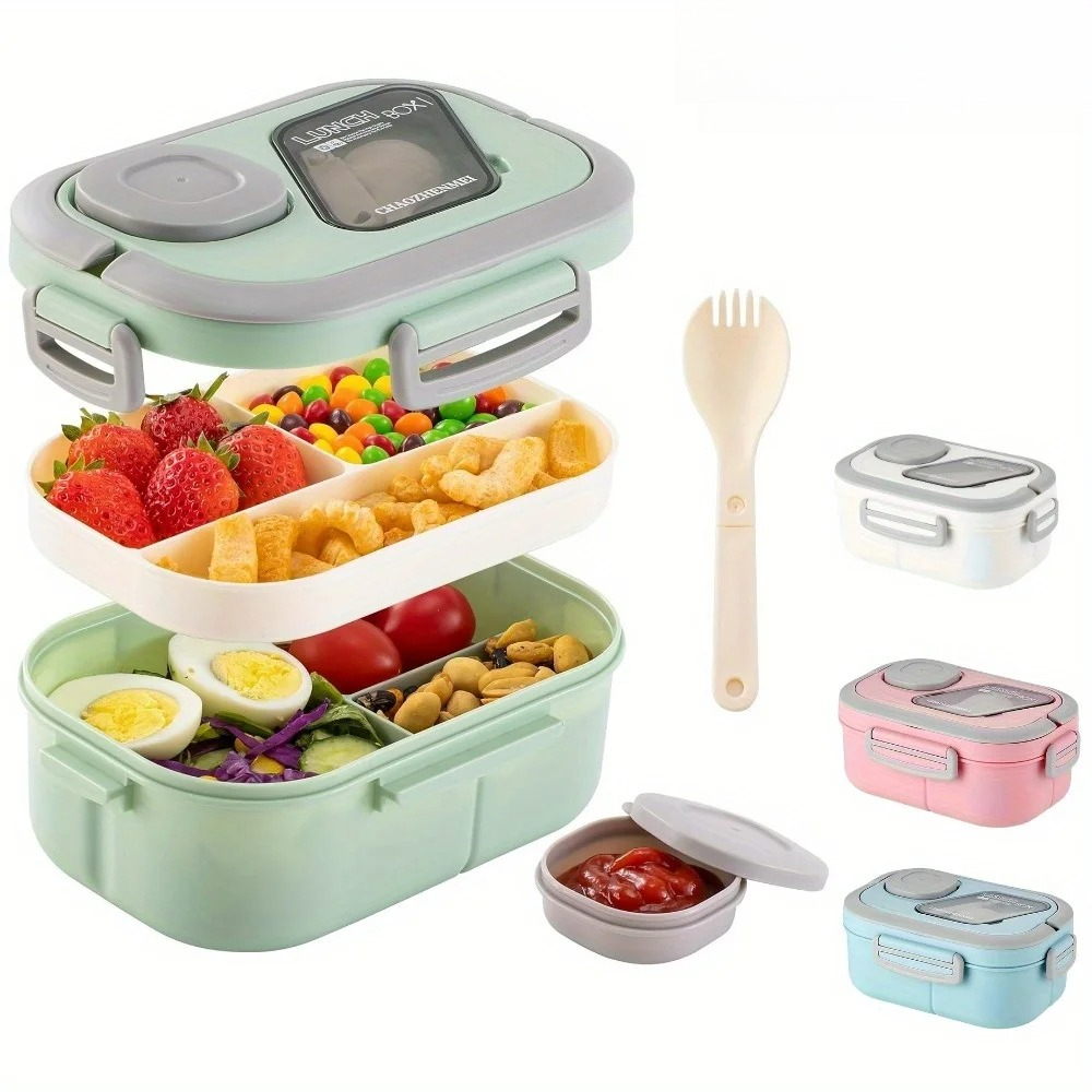 Salad Container Jar - กล่องอาหารกลางวันเบนโตะ กล่องใส่สลัด ความจุขนาดใหญ่ ชามสลัดพร้อมส้อมแบบใช้ซ้ำได้ กล่องอาหารกลางวันแบบกันรั่วสำหรับปิกนิกที่บ้าน