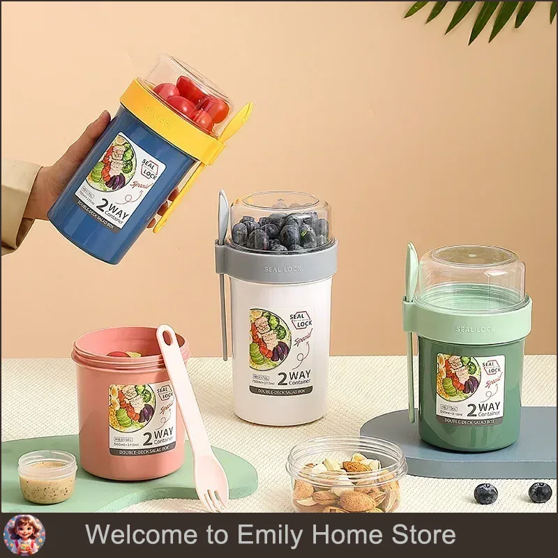 Salad Container Jar - ชุดกล่องเบนโตะสำหรับอาหารกลางวัน พร้อมช่องใส่สลัด ข้าวโอ๊ต อาหารเช้า ถ้วยซีเรียล ถั่ว