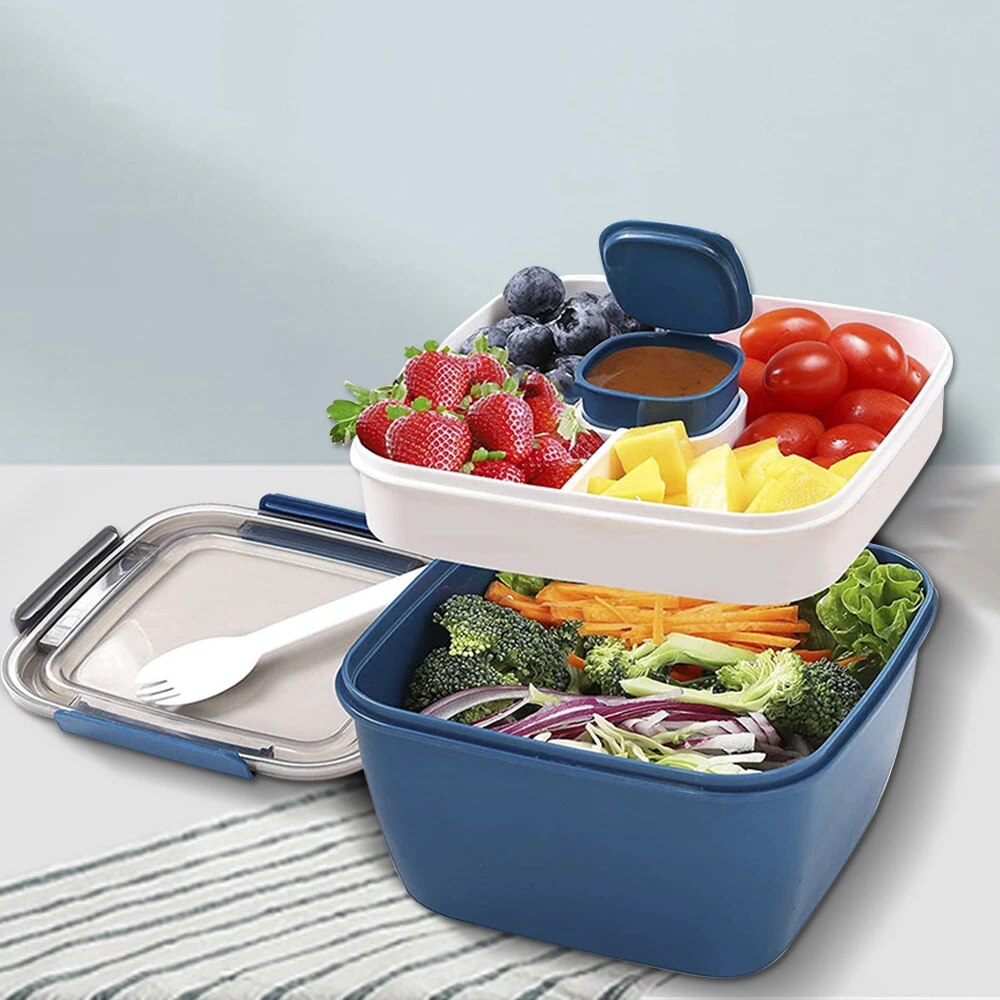 Salad Container Jar - 1100 ml/1500 ml กล่องอาหารกลางวันแบบพกพาคอนเทนเนอร์ 2 ชั้นชามสลัดกล่อง