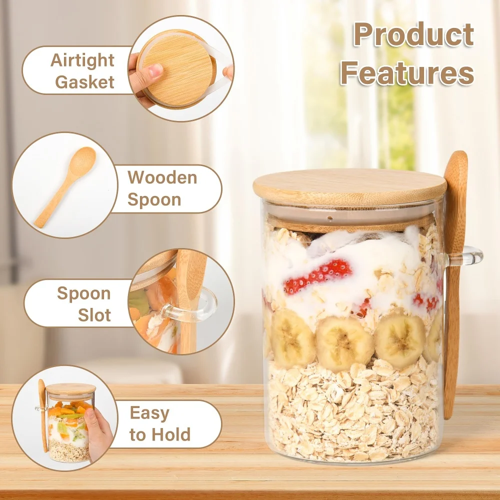 Overnight Oat Jar - ภาชนะใส่โอเวอร์ไนท์โอ๊ตพร้อมฝาปิด 16 ออนซ์ จำนวน 1/2/3/4 ชิ้น