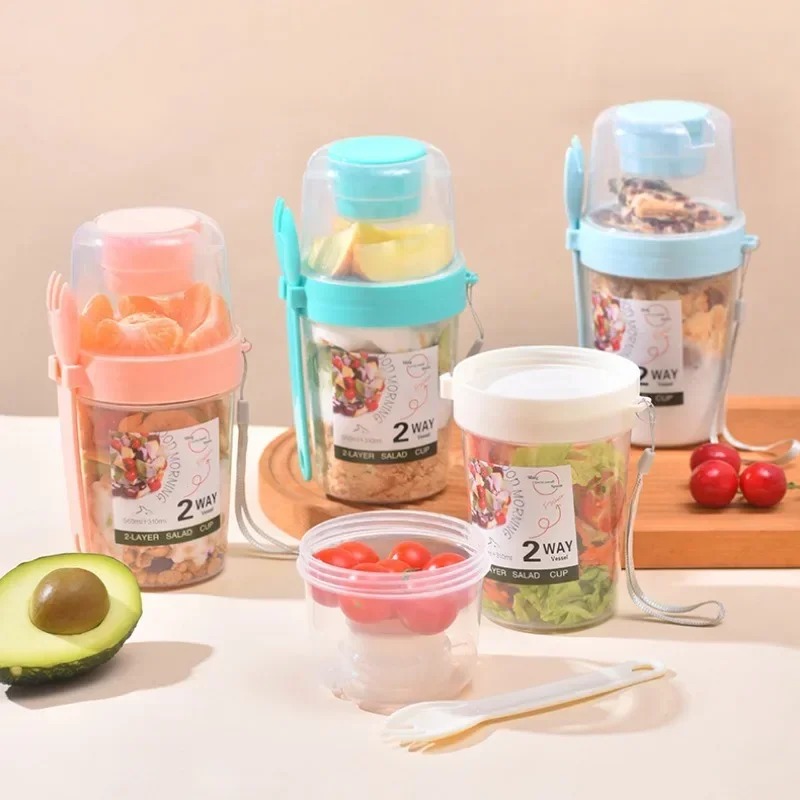 Salad Container Jar - ถ้วยสลัดพกพา ถ้วยข้าวโอ๊ตสองชั้น ถ้วยโยเกิร์ต ถ้วยใส่ถั่ว ลดไขมัน ถ้วยใส่ผักผลไม้