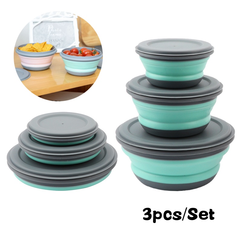 Salad Container Jar - แบบพกพาพับกล่องอาหารกลางวันชุดชามซิลิโคน 3 ชิ้น/เซ็ตอาหารกลางแจ้ง Camping Tableware ชุดพับชามสลัดพร้อมฝาปิด